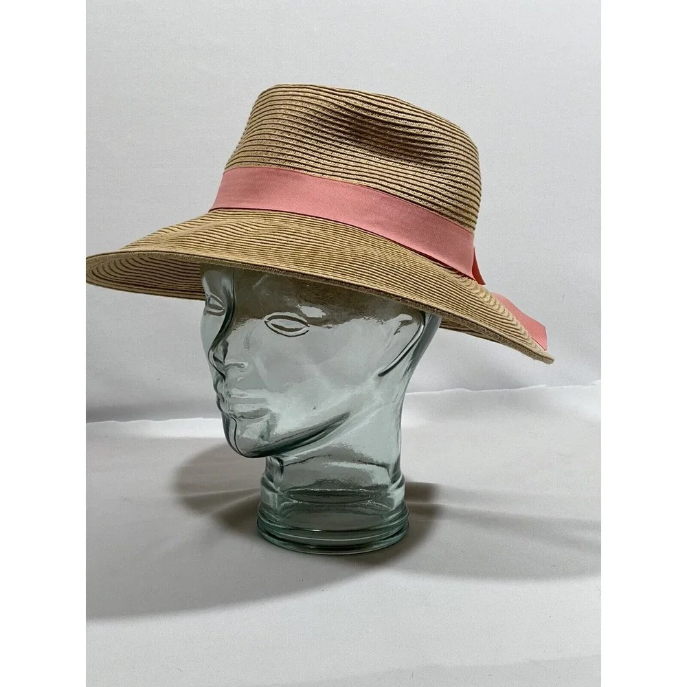 CC Sunshade Hat Womens Tan Pink Bow Wide Brim Coastal Cottagecore Beach